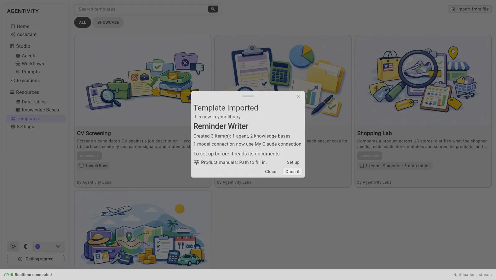 The window Template imported: what was created, the model connection the agent now uses, and the list To set up before it reads its documents, with the base Product manuals, its Path to fill in and a button Set up.