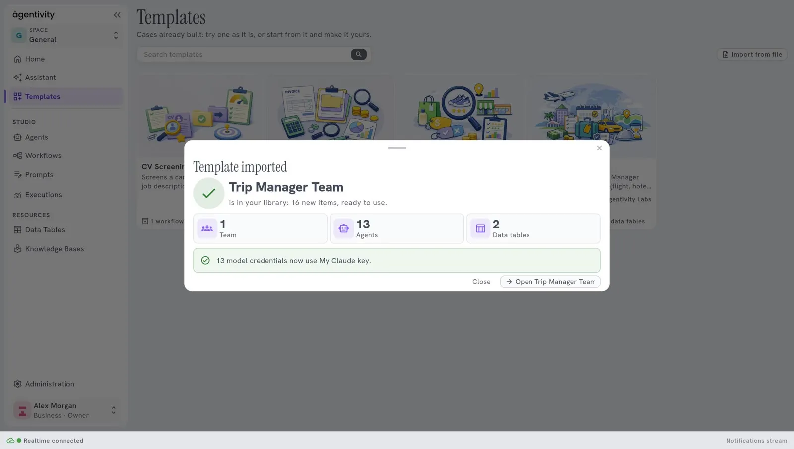 The message Template imported: Trip Manager Team is in your library, 16 new items, with 1 team, 13 agents and 2 data tables, a green line that says which model credentials the agents now use, and the buttons Close and Open Trip Manager Team