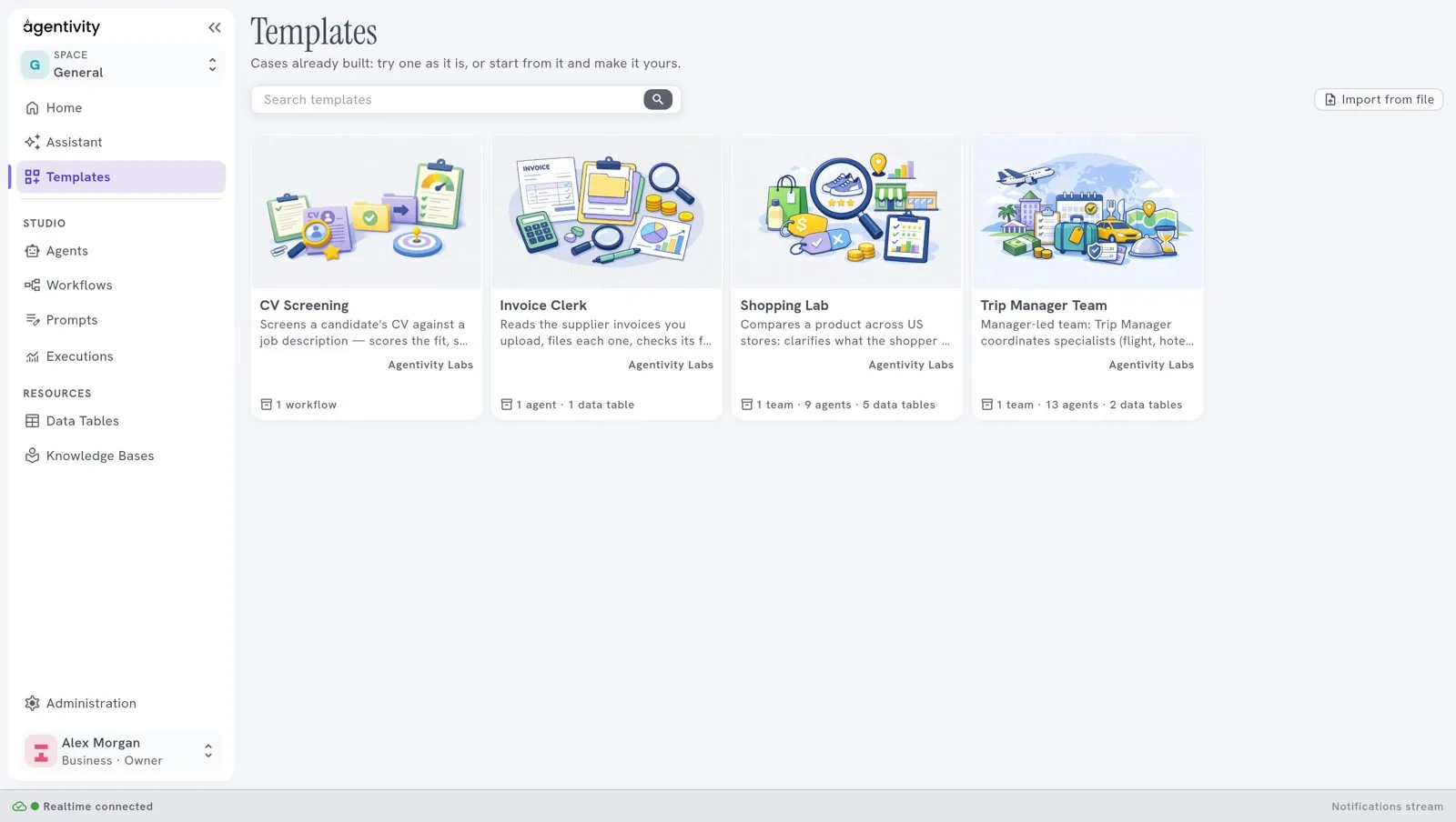 The Templates screen: the title and a line that says "Cases already built: try one as it is, or start from it and make it yours", the search field, the button Import from file, and one card per Template with its picture, its description, its author and what it contains