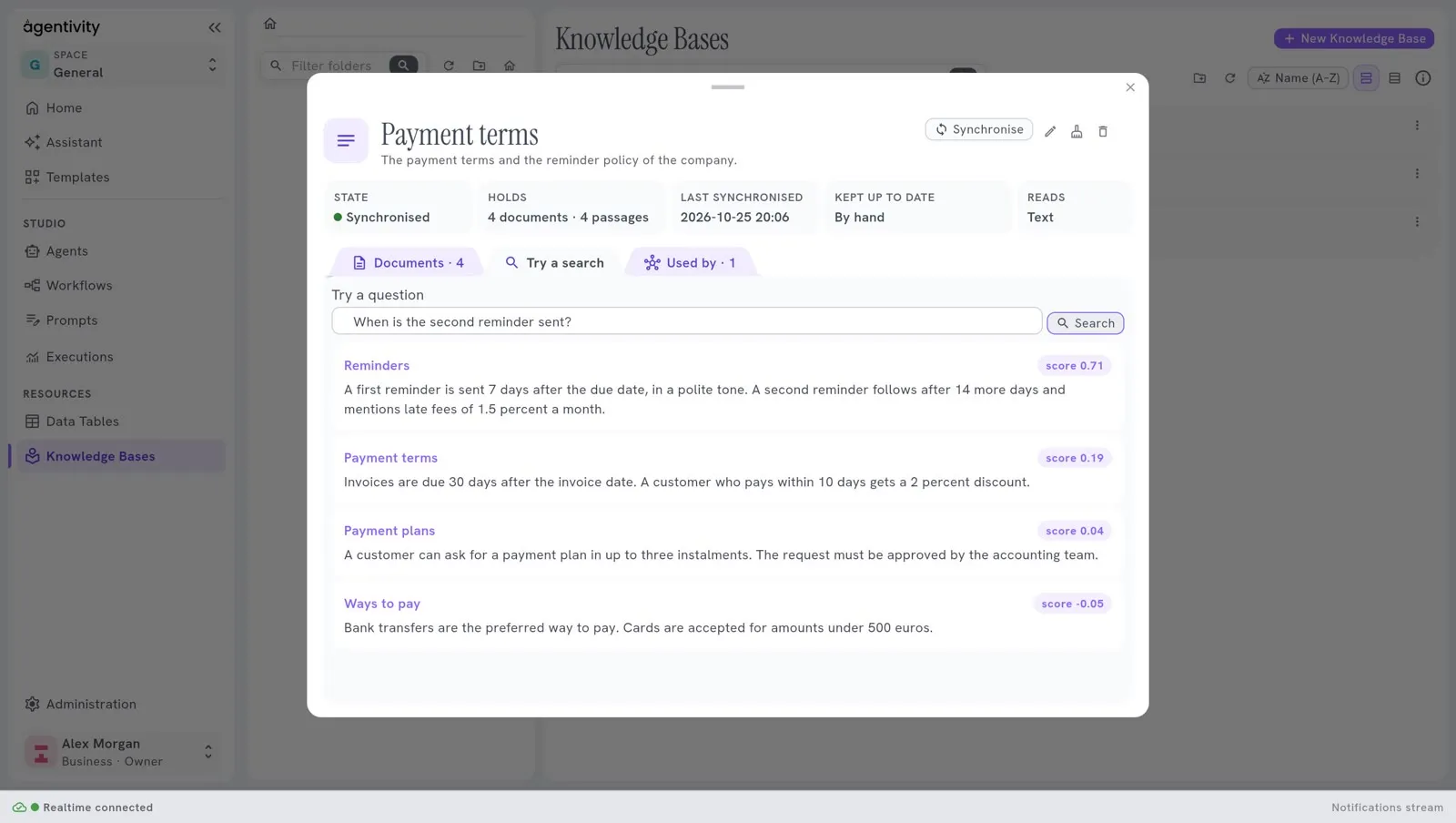 The tab Try a search after the question "When is the second reminder sent?": four passages, the closest first, each with its score.