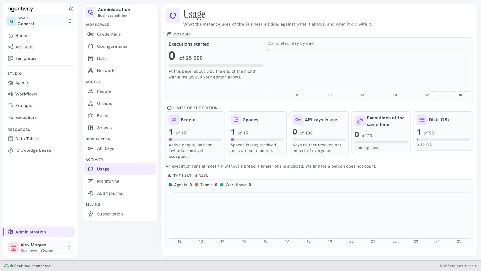 The Usage pane: executions started in the month against what the plan allows, the limits of the plan, the last 14 days and the models of the month