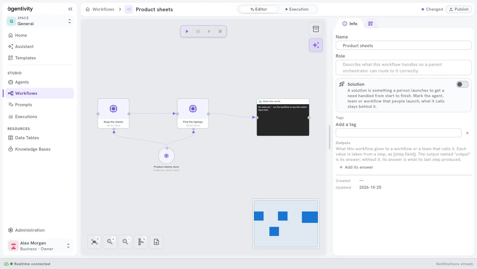The workflow of example 1 on the canvas: the step Keep the sheets, then the step Find the laptops, then Show the result, and the In-Memory Vector Store plugged below into both Vector Store steps.