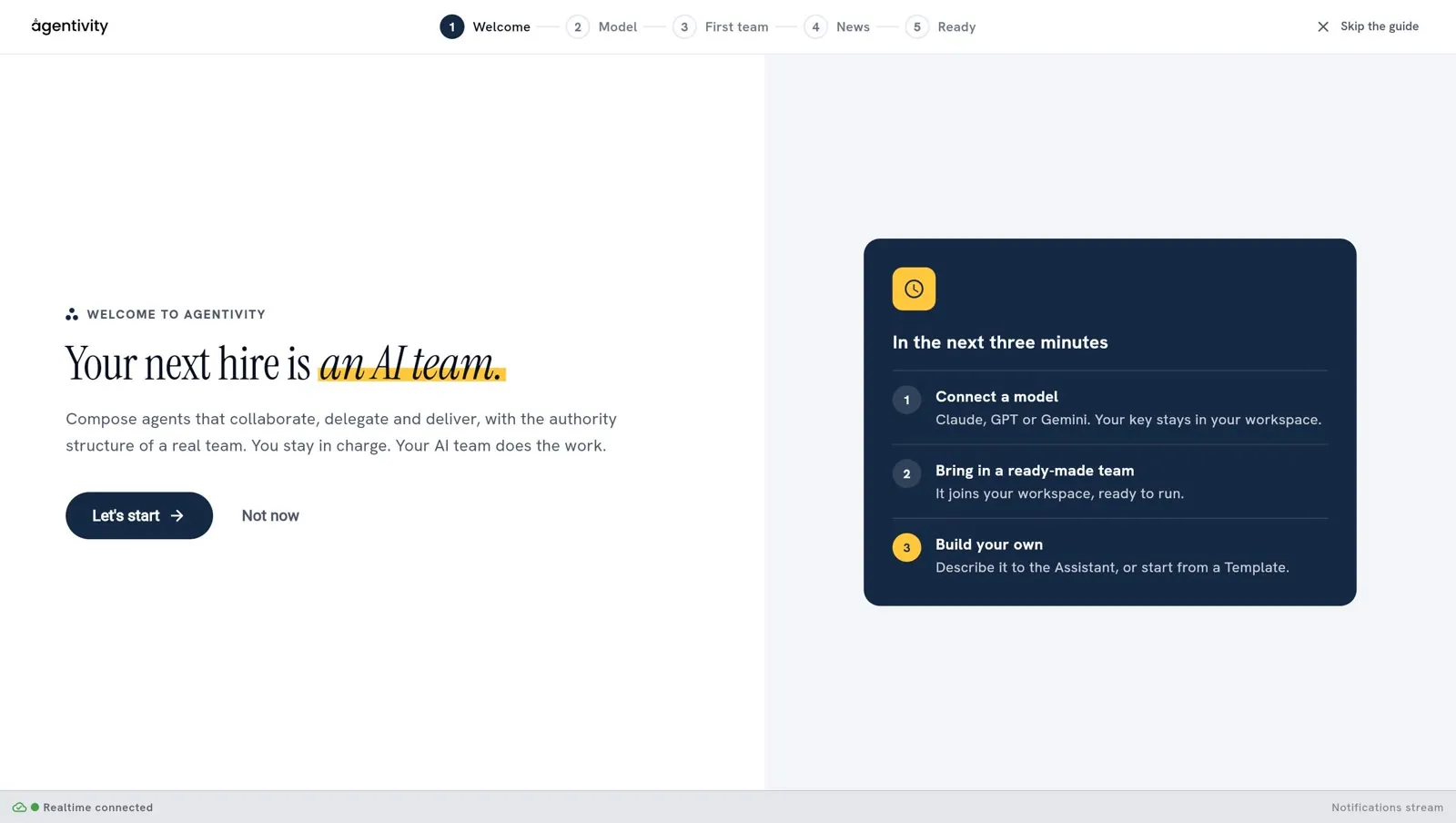 The first screen of the welcome guide: the five stops at the top, the title "Your next hire is an AI team.", the buttons Let's start and Not now, and a navy card that lists what the next three minutes cover