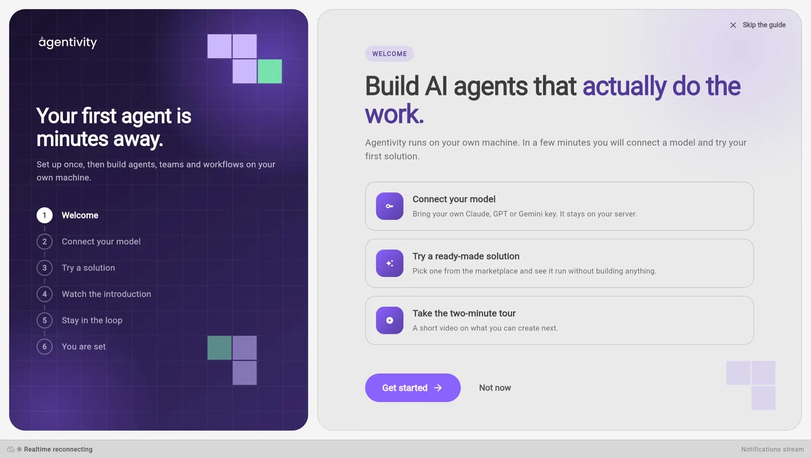 Le guide de bienvenue du Studio : la liste des étapes à gauche, de Welcome à You are set, et, à droite, les trois cartes Connect your model, Try a ready-made solution et Take the two-minute tour, avec le bouton Get started