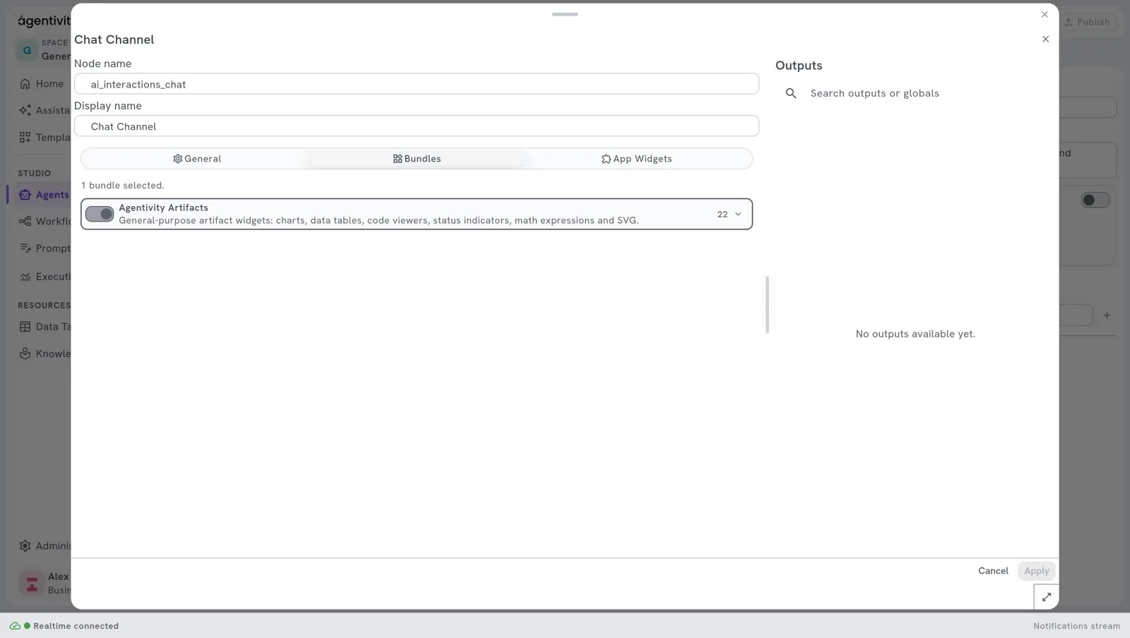 The window Chat Channel, tab Bundles: the bundle Agentivity Artifacts is on, with 22 widgets