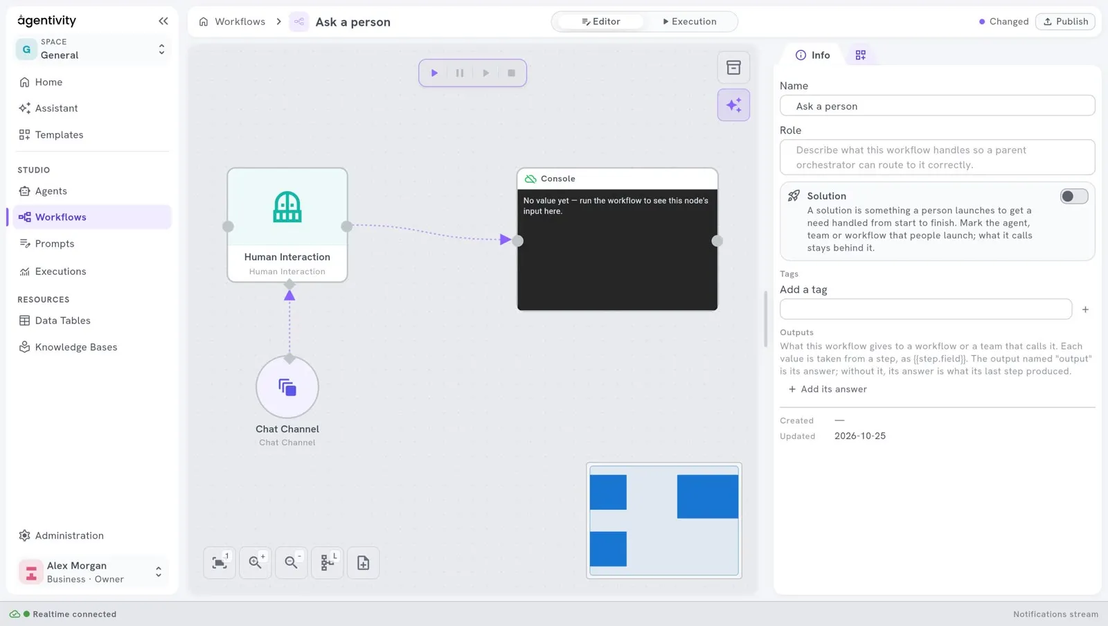 A workflow with three nodes: a box Human Interaction linked by an arrow to a box Console, and a circle Chat Channel linked to the diamond under Human Interaction