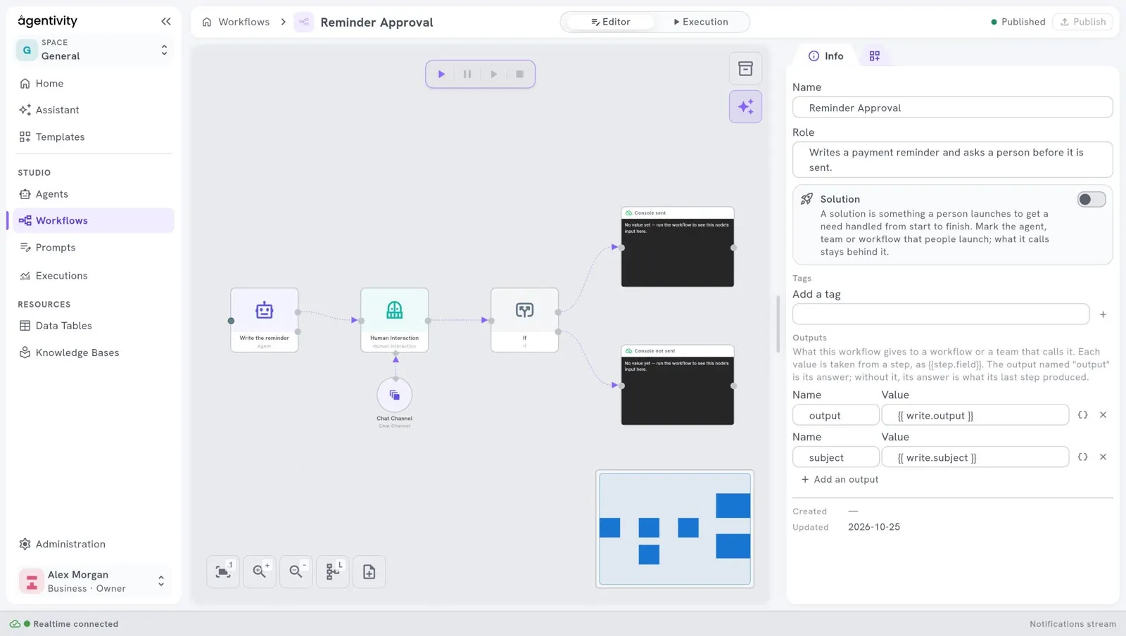 A workflow on the canvas: the step Human Interaction is linked to the step If, which has one dot on its left and two dots on its right
