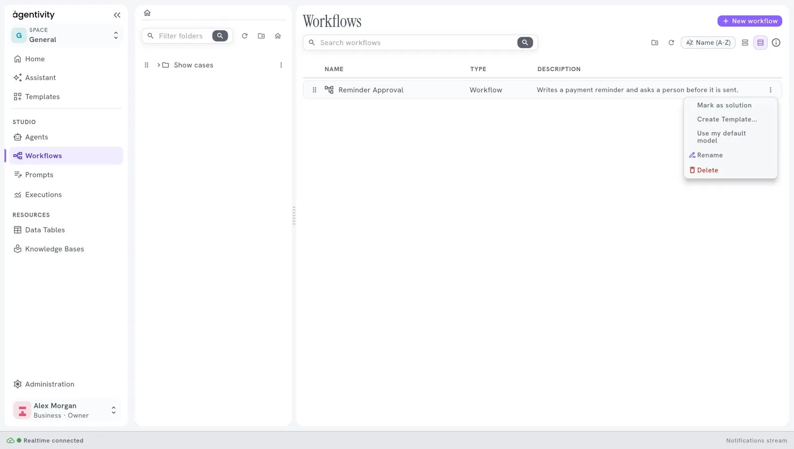 The list of workflows, with the menu of one line open: Mark as solution, Create Template, Use my default model, Rename and Delete