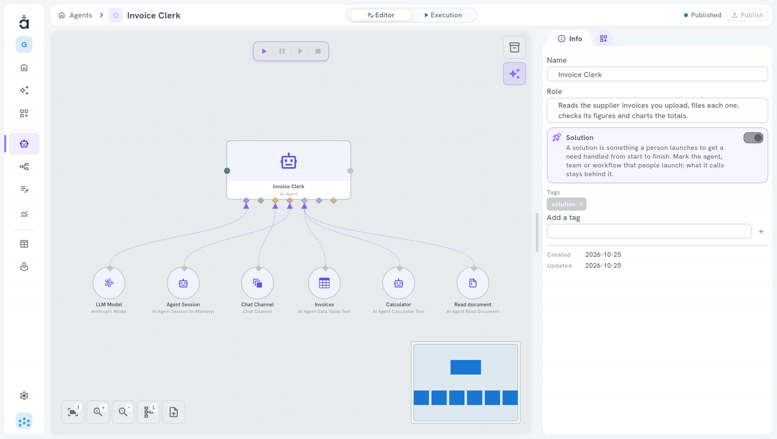 The agent Invoice Clerk in the Studio, with its AI model, a chat channel, a session and three tools: a data table, a calculator and a document reader