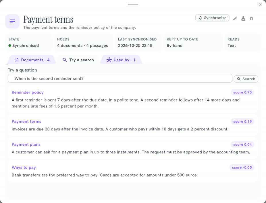 A Knowledge Base named Payment terms in the Studio: a question typed in Try a search, and the passages closest in meaning, each with its score