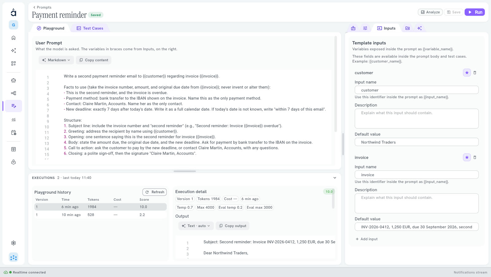 Prompt Studio: the tabs Playground and Test Cases, the buttons Run Prompt and Analyze, the editor of the prompt, a panel on the right with Details, Settings and Inputs, and the Debug console at the bottom
