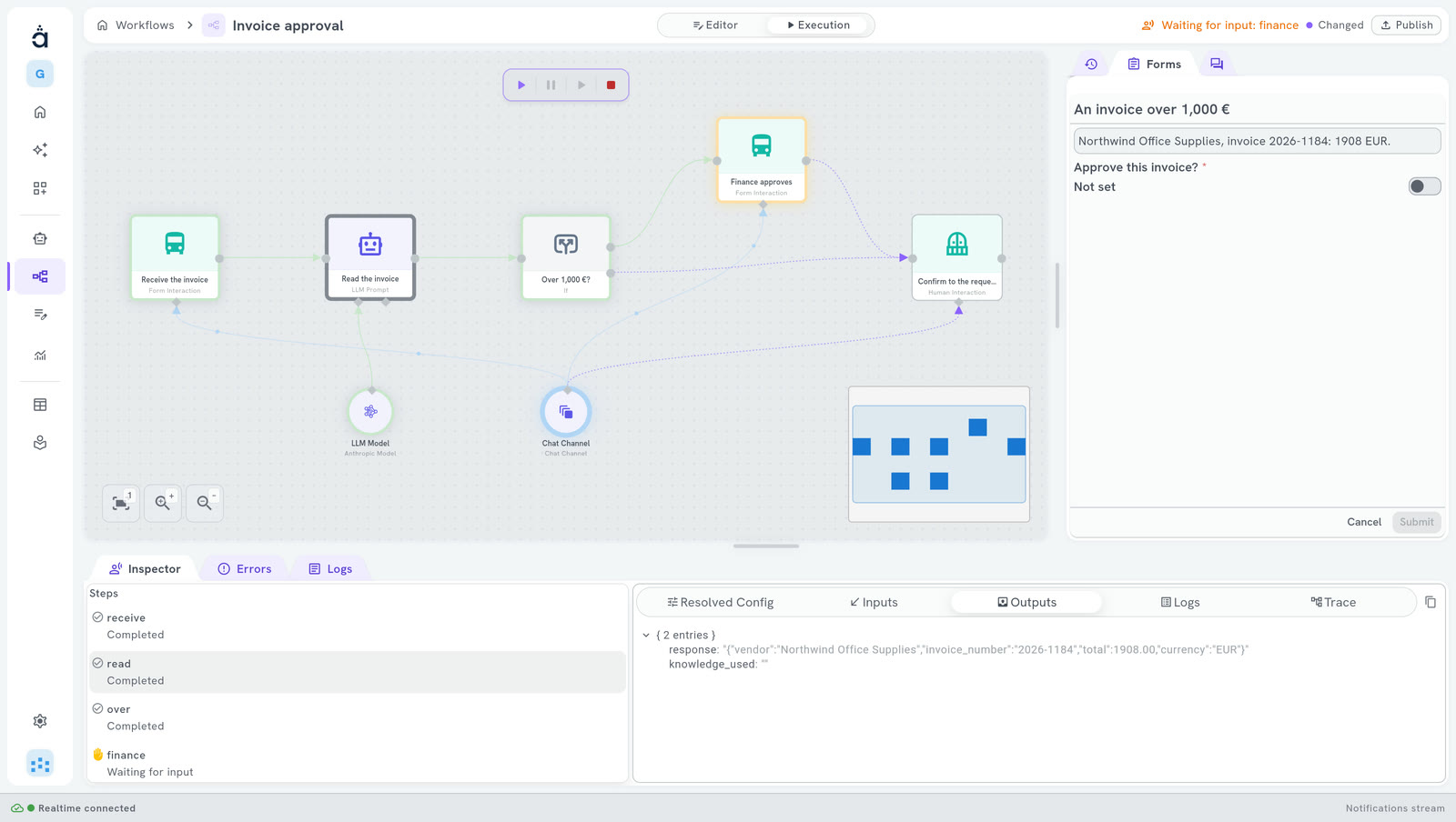 A workflow while it runs: the step that asks a person is active on the canvas, with the chat on the right and the logs at the bottom